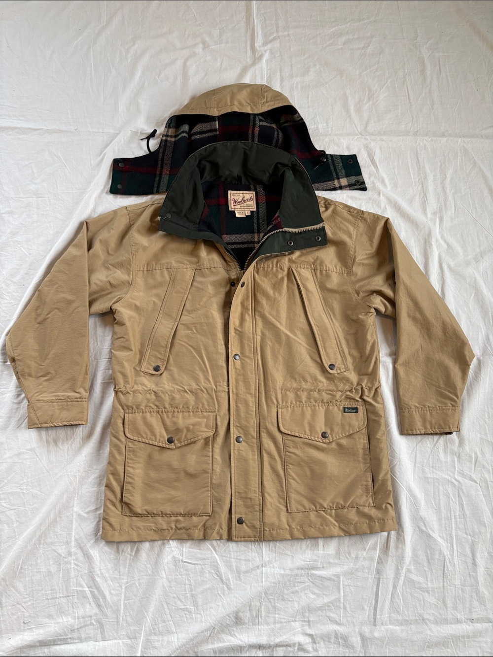 Woolrich Plaid Lined Parka Mountain Jacket Men’s Large Tan w/Green & Red Liner